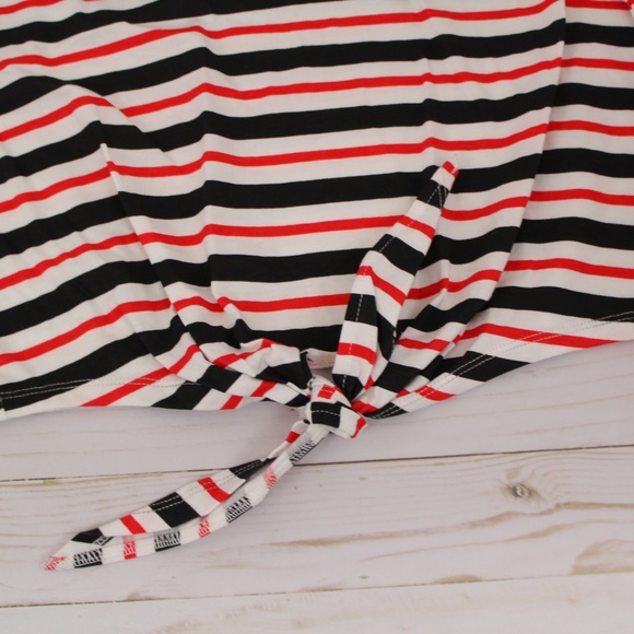 Retro Style Mickey Mouse Striped Embroidered Tie Hem T-Shirt Crop Top - Picture 2 of 4